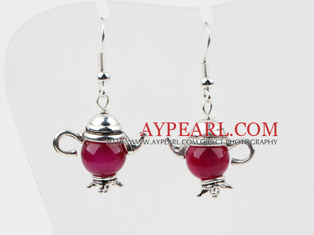 Lovely Style Rose Pink Agate Teapot Shape Earrings