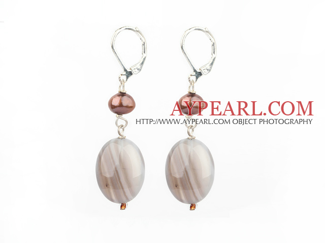 Beautiful Brown Freshwater Pearl And Gray Agate Drop Earrings With Lever Back Hook