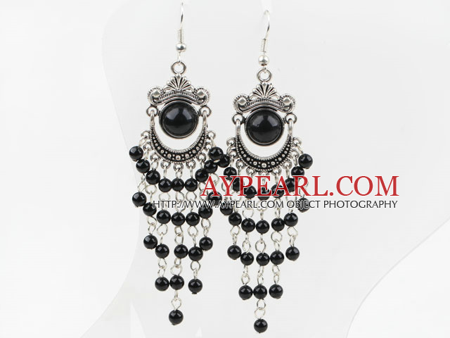 Fashion Vintage Long Style Round Black Agate Loop Dangle Earrings