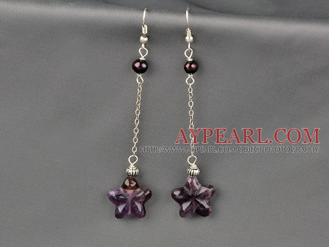 Dangle Style Starfish Shape Amethyst and Pearl Long Earrings