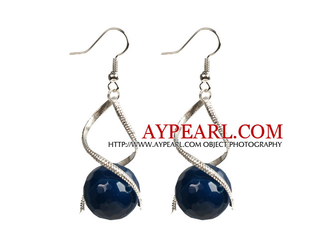 Fashion Design Faceted Deep Blue Agate Beads Spiral Shape Dangle Earrings