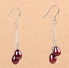 Simple Long Style Natural Wine Red Freshwater Pearl Dangle Earrings