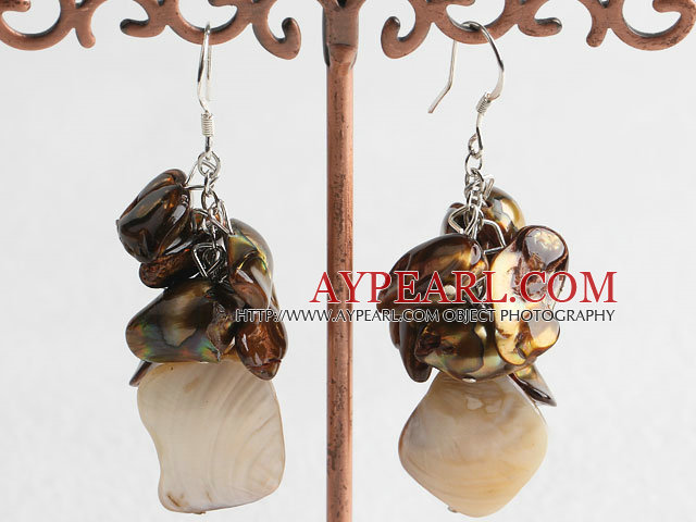 Nice Golden Brown Freshwater Pearl And White Shell Cluster Earrings With Fish Hook