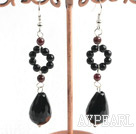 Wholesale Elegant Black Agate Looped Teardrop Pendant And Garnet Dangle Earrings 