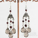 Lovely Garnet And Teardrop Smoky Quartz Flower Charm Dangle Earrings With Fish Hook