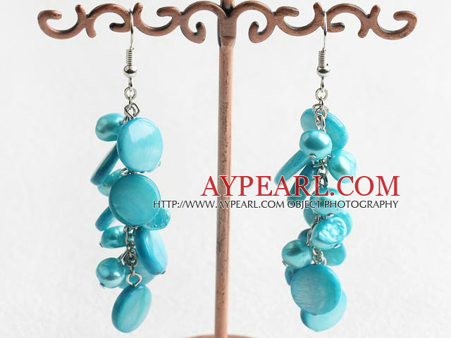 Fashion Blue Freshwater Pearl And Blue Flat Round Shell Link Dangle Earrings