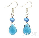 Nice Short Simple Style Blue Freshwater Pearl And Blue Teardrop Crystal Dangle Earrings