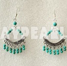 Vintage 4Mm Round Blue Turquoise Metal Charm Dangle Earrings With Fish Hook
