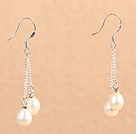 Simple Long Style Natural White Freshwater Pearl Dangle Earrings