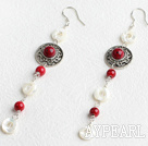 Classic White Hollow Disc Shell And Round Bloodstone Loop Charm Earrings