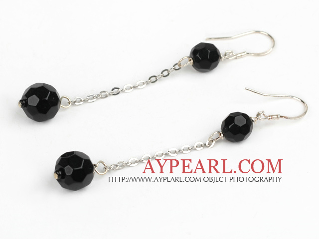 Simple Long Style Manmade Black Ball Crystal Link Charm Earrings With Fish Hook