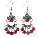 Fashion Round Red Bloodstone Loops Metal Charm Dangle Earrings With Fish Hook