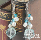 Fashion White Freshwater Pearl And Blue Crystal Loop Dangle Earrings With Fish Hook