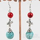 Beautiful Round Bloodstone And Burst Pattern Turquoise Metal Charm Earring