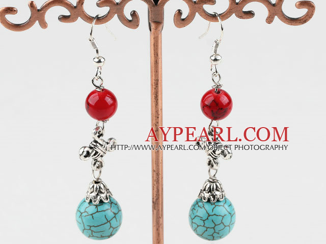 Beautiful Round Bloodstone And Burst Pattern Turquoise Metal Charm Earring