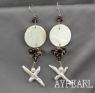 Fashion Long Style Disc Shell Garnet Smoky Quartz Cluster And Cross Blister Pearl Dangle Earrings