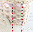 Long Style Caky Shape Red Coral And Round Black Hematite Dangle Earrings