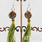 Green Piebald Stone Knotted Tassel Earrings 