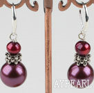 Nice Purple Series Freshwater Pearl And Round Sea Shell Bead Metal Charm Earrings With Lever Back Hook