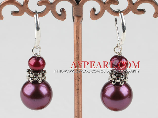 Nice Purple Series Freshwater Pearl And Round Sea Shell Bead Metal Charm Earrings With Lever Back Hook