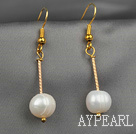 9-10Mm Natural White Fresh Water Pearl Earrings With Golden Stick Charm