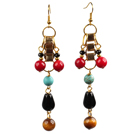 Wholesale Summer New Design Tiger Eye Turquoise Coral And Drop Black Agate Long Dangle Earrings