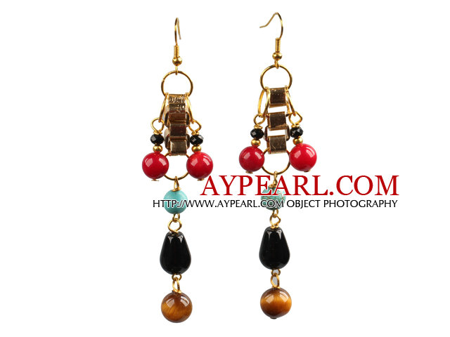Summer New Design Tiger Eye Turquoise Coral And Drop Black Agate Long Dangle Earrings