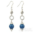 Long Style Blue Round Agate Ball And Loop Flower Metal Charm Dangle Earrings