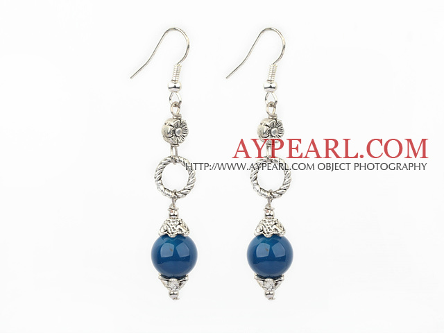 Long Style Blue Round Agate Ball And Loop Flower Metal Charm Dangle Earrings