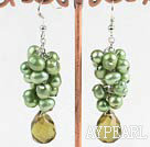 Nice Green Freshwater Pearl And Teardrop Smoky Color Crystal Cluster Earrings