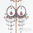 Charming Amethyst Hoop With Bulit-In Wine Red Teardrop Link Dangle Earrings With Fish Hook