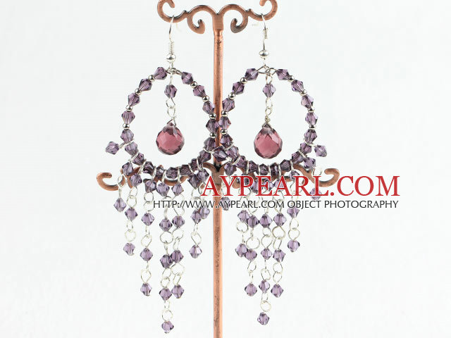 Charming Amethyst Hoop With Bulit-In Wine Red Teardrop Link Dangle Earrings With Fish Hook