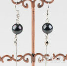 Simple Long Chain Loop Style Round Black Seashell Pearl Earrings With Fish Hook