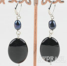 Fashion Black Oval Shape Agate And Black Freshwater Pearl Drop Earrings With Lever Back Hook