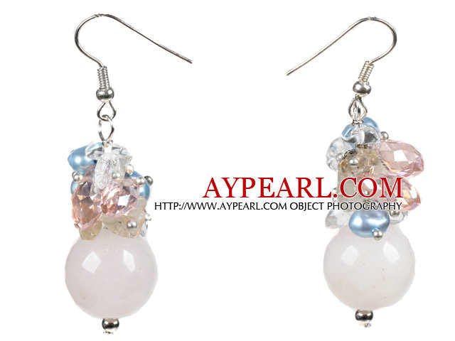 Beautiful Design Pink Rose Quartz Cluster Crystal Pearl Dangle Earrings