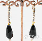 Wholesale Fashion Teardrop Black Agate Loop Earrings With Golden Wired Rhinestone Hoop Earwires