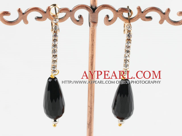 Fashion Teardrop Black Agate Loop Earrings With Golden Wired Rhinestone Hoop Earwires