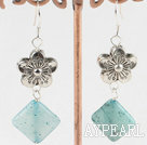 Lovely 14Mm Blue Jade And Flower Charm Dangle Earrings With Fish Hook