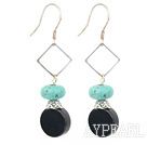 Fashion Blue Turquoise And Black Flat Round Agate Loop Dangle Earrings