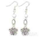 Lovely White Round Porcelain And Loop Tibet Silver Flower Dangle Earrings