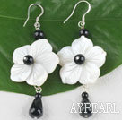 Lovely White Shell Flower And Round Teardrop Shape Black Agate Dangle Earrings With Fish Hook