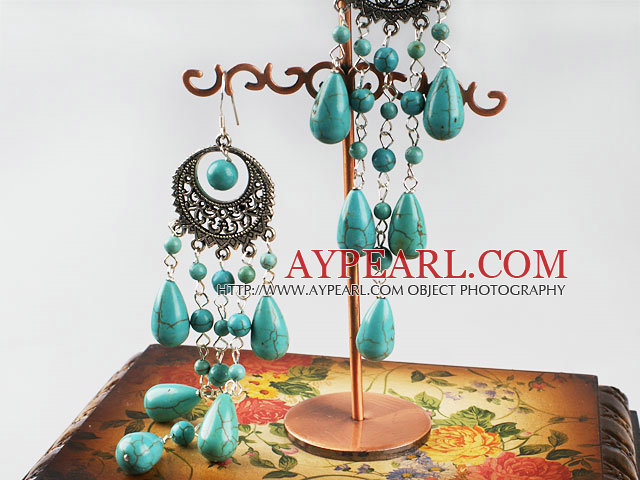 Fashion Long Style Round And Teardrop Blue Turquoise Loop Charm Dangle Earrings With Fish Hook