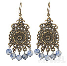 Fashion Vintage Style 6Mm Round Sodalite Stone Earrings With Bronze Engraved Flower Charm