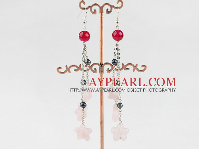 dangling style rose quartze and pear earrings 