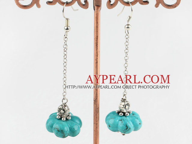Long Chain Loop Style Pumpkin Shape Blue Turquoise Metal Charm Dangle Earrigns
