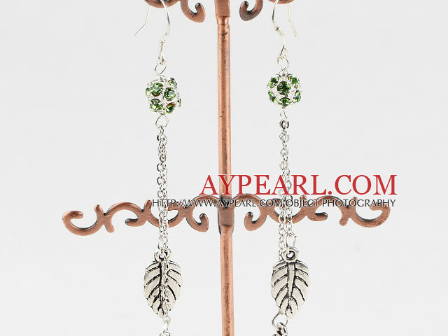 Long Chain Loop Style Manmade Green Diamond Ball And Leaf Charm Dangle Earrings