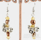 Lovely Gold Pearl And Champagne Color Crystal Metal Flower Charm Dangle Earrings