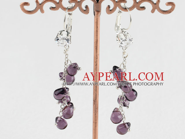 Lovely Long Chain Loop Style Teardrop Amethyst Dangle Earrings With Rhinestone Lever Back Hook