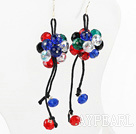 Lovely Multi Color Crystal Ball Cluster Hand Knotted Black Leather Dangle Earrings