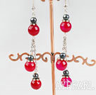 Elegant Long Chain Loop Black Pearl And Pink Agate Ball Dangle Earrings